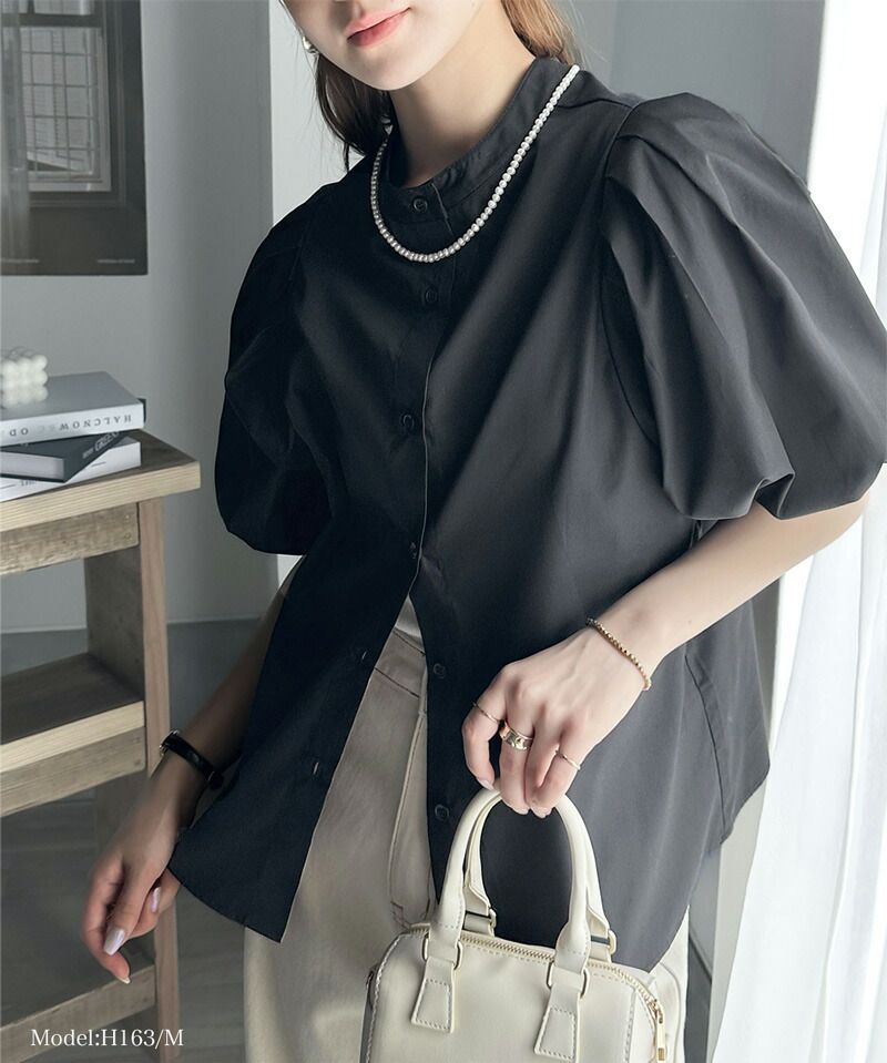 日本 Classical Elf - 氣質皺摺泡泡短袖襯衫-淺米杏