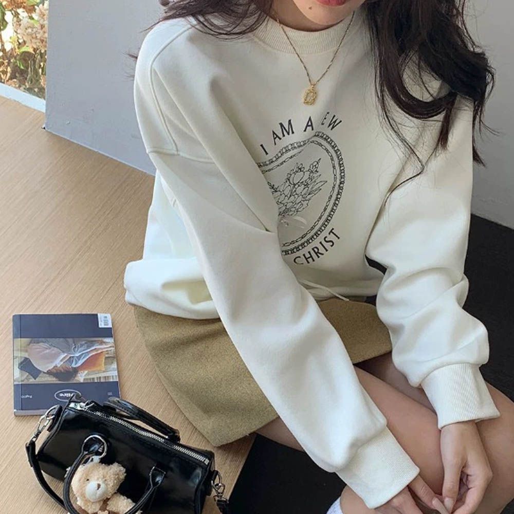 長袖大學T-釘珠蕾絲蝴蝶結-杏色 (F)