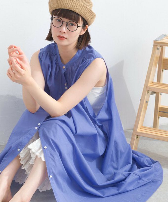 日本 Lupilien - 100%印度棉 清爽素色無袖洋裝-黑