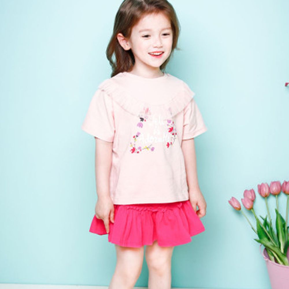 韓國 Jelispoon - 美麗花園荷葉領套裝-粉紅X桃紅