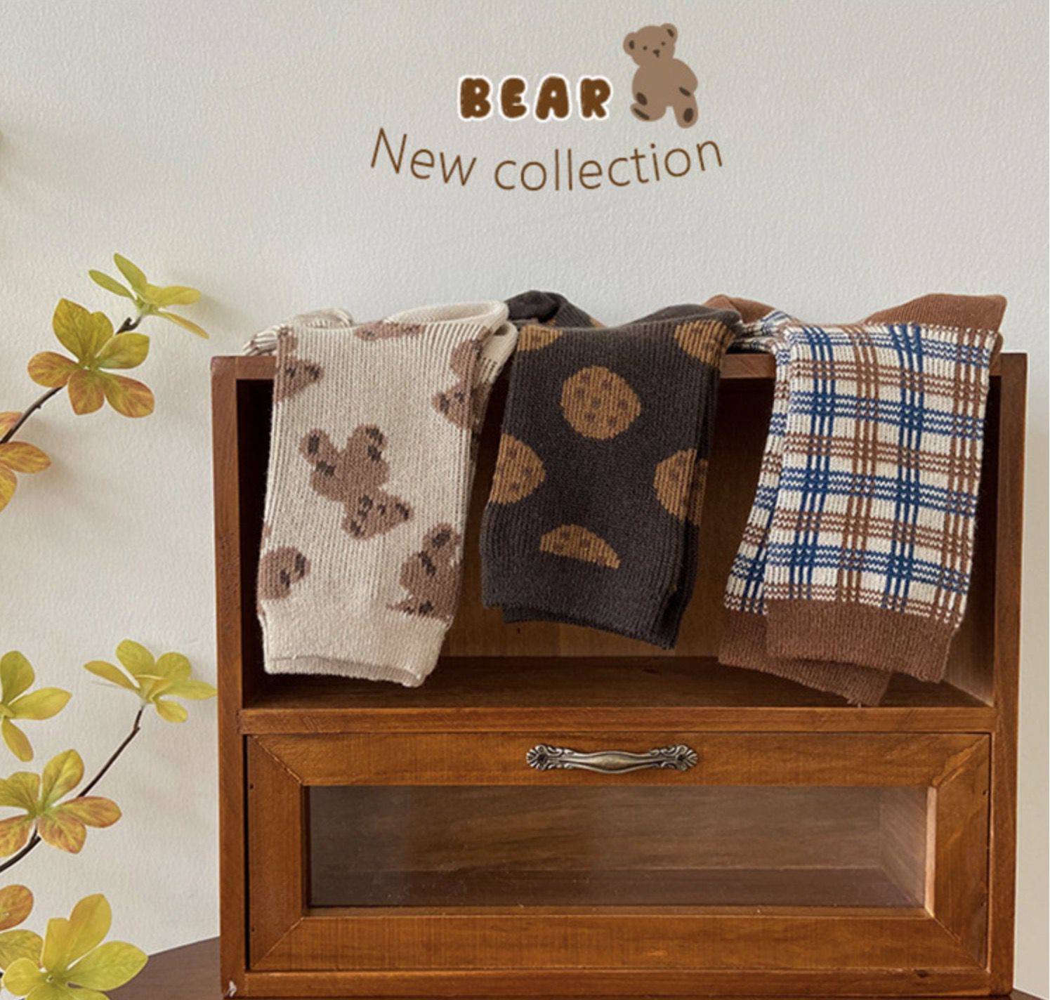 love, charlotte - 小熊與餅乾精梳棉中筒襪-3 雙一組