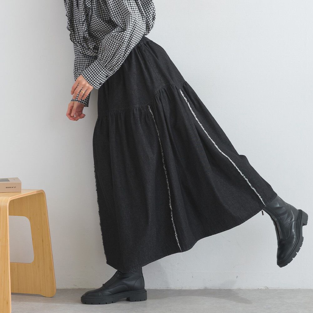 厚磅立體感線條澎澎長裙(附口袋)-黑色丹寧