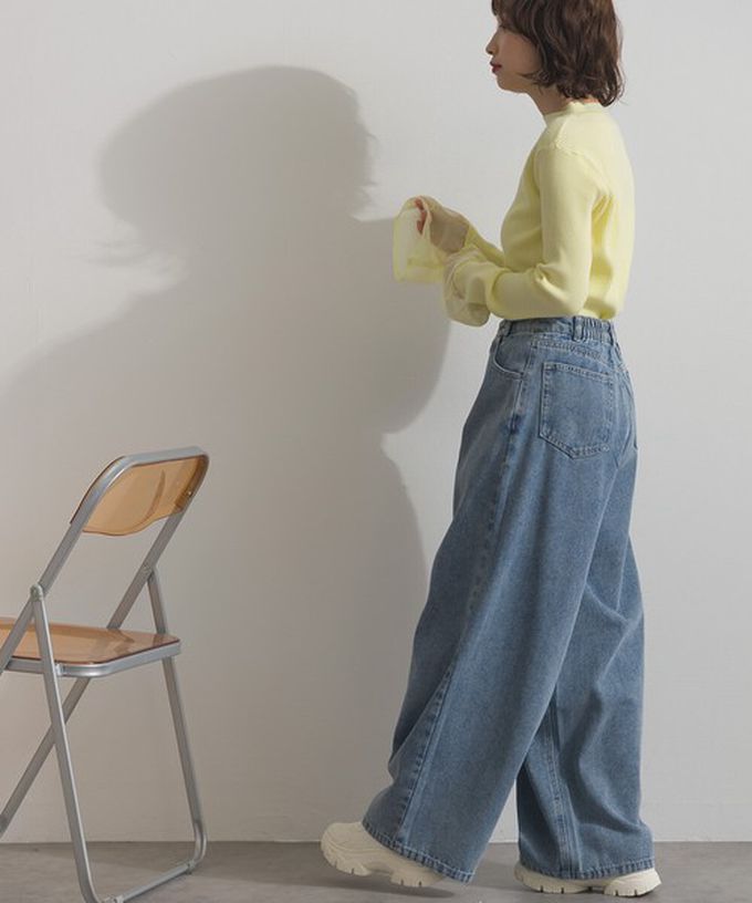 日本 ELENCARE DUE - 10oz 立體摺線後腰鬆緊牛仔褲-刷色藍