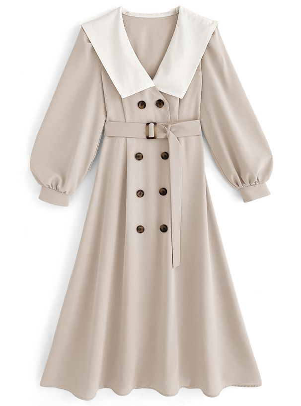 日本 GRL - 聯名款 英倫翻領收腰風衣洋裝-氣質杏