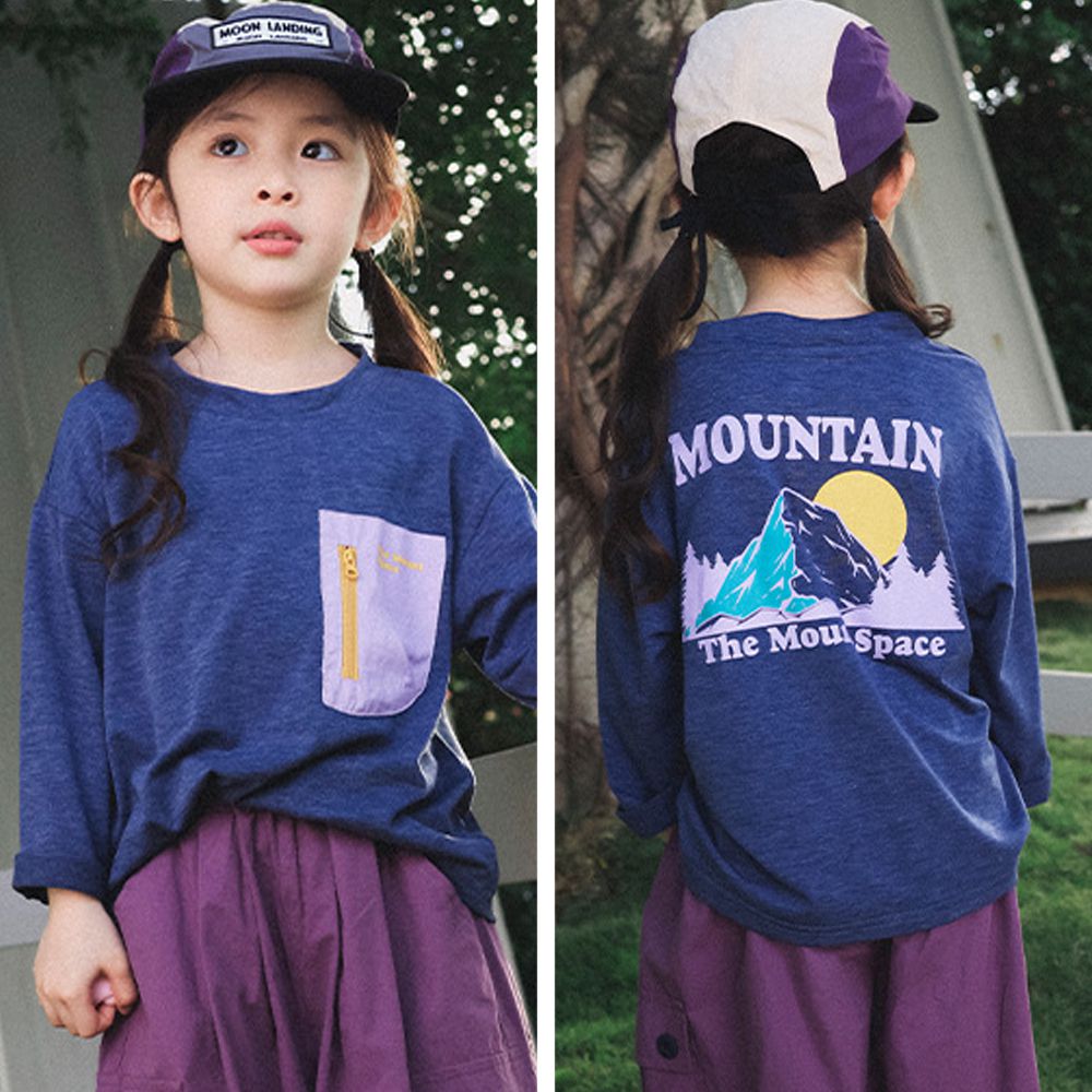 撞色口袋長袖上衣-復古大山插畫-藏青