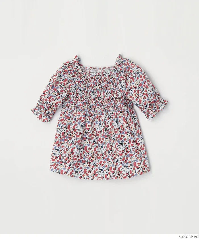 日本 COCA - 歐風碎花泡泡短袖上衣-孩子-洋紅