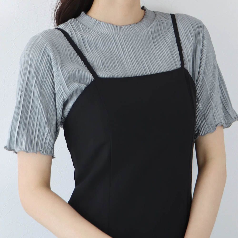 韓國製 圓領貝殼紋光澤短袖上衣-煙燻藍