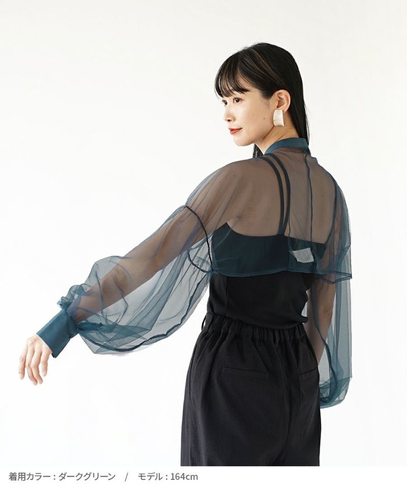 日本 zootie - 優雅透明薄紗綁帶長袖上衣-黑