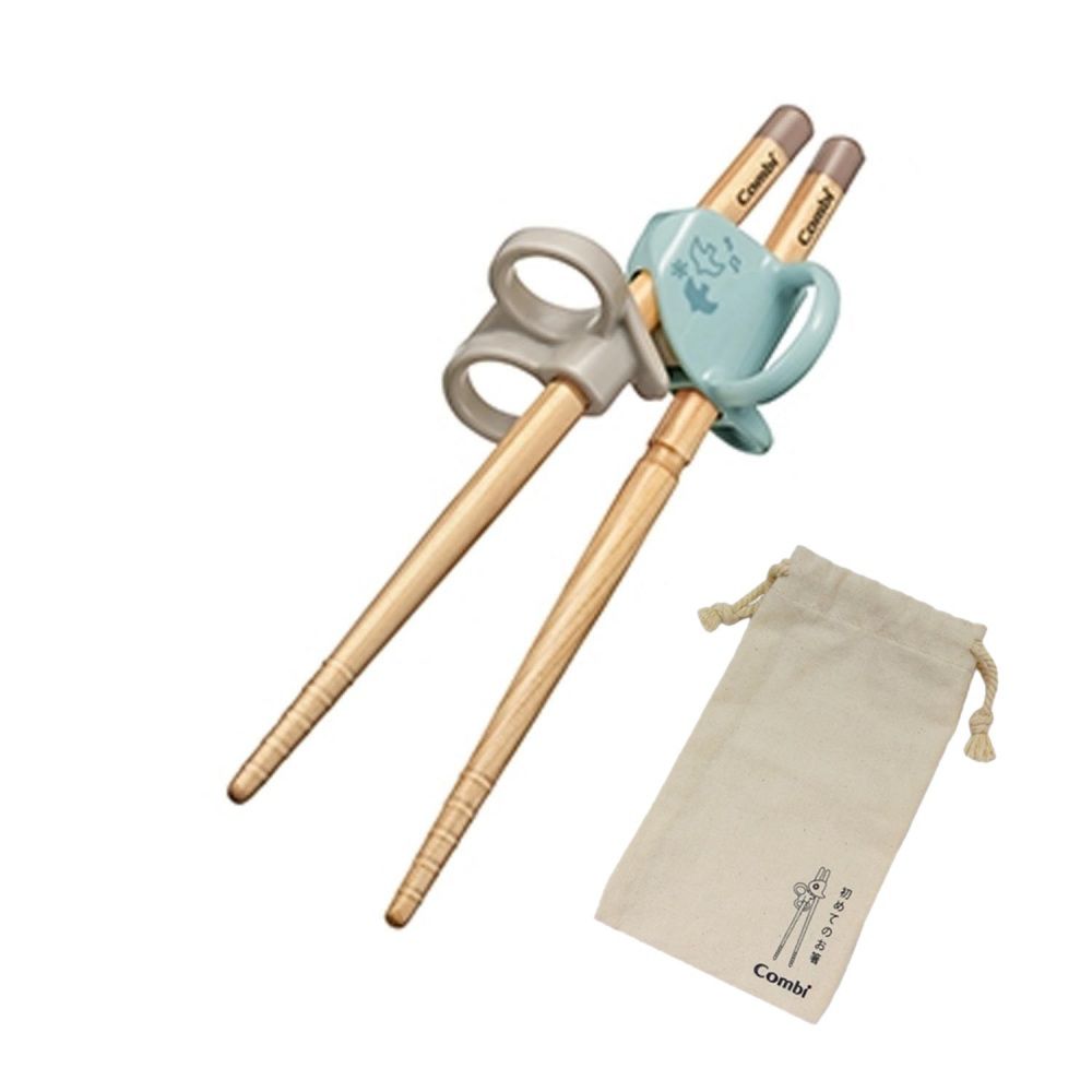 日本 Combi - 木製三階段彈力學習筷-右手-青鳥藍-日本製+贈學習筷環保收納袋