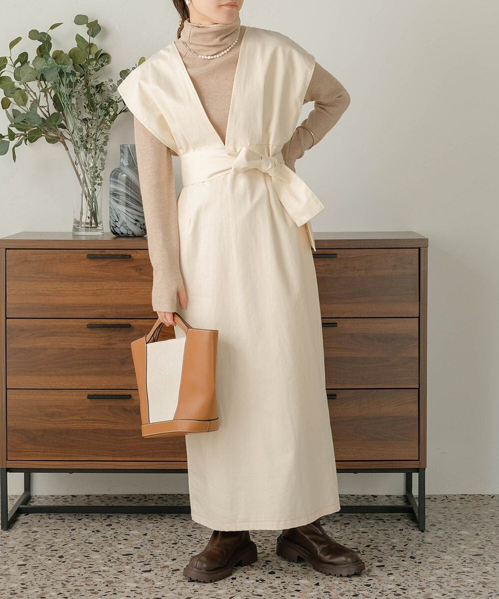 日本 Bab - 知性V領設計綁帶背心裙-深可可