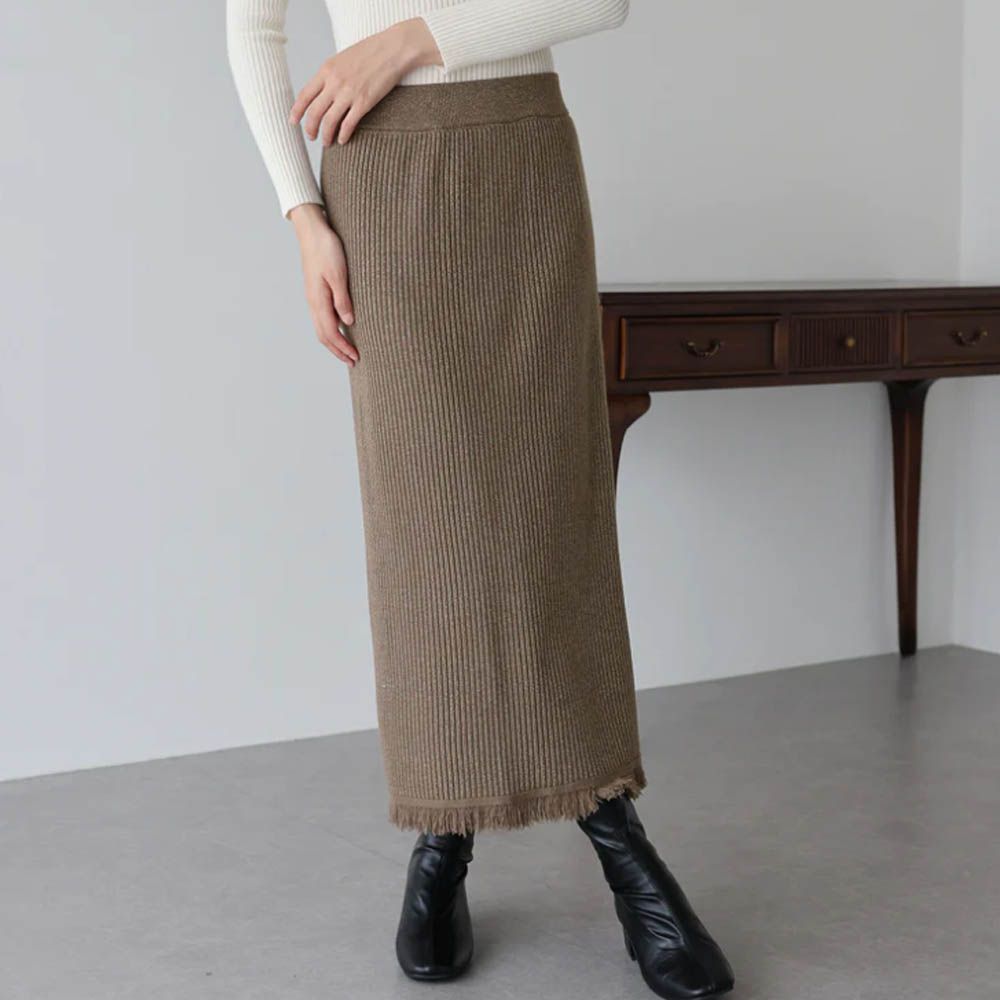 微閃亮羅紋針織流蘇開叉鉛筆裙-摩卡