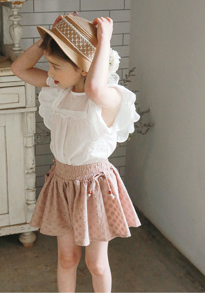 韓國 PuellaFLO - 刺繡後空花朵寬褲裙-藕粉