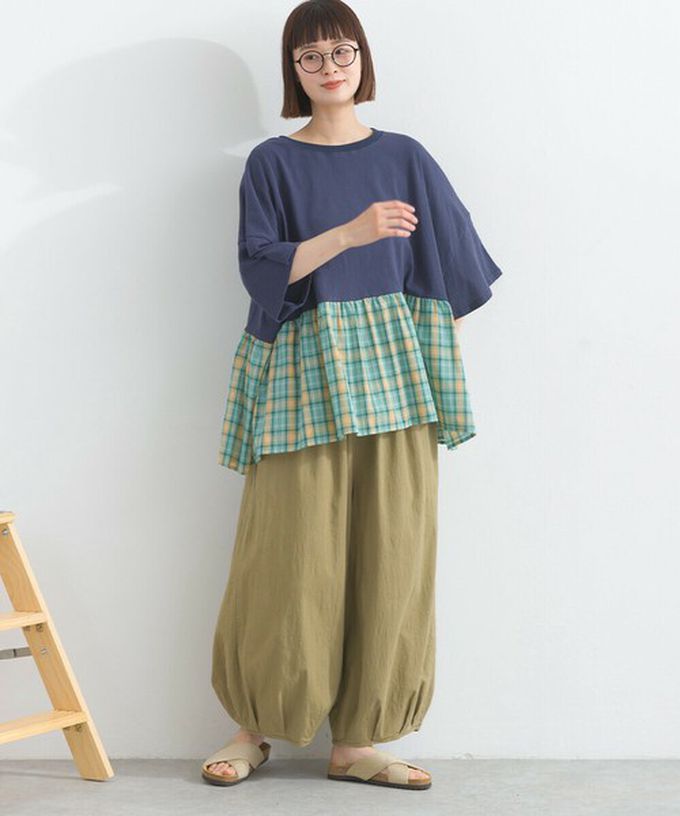 日本 Lupilien - 接觸涼感 可愛格紋休閒五分袖上衣-灰棕