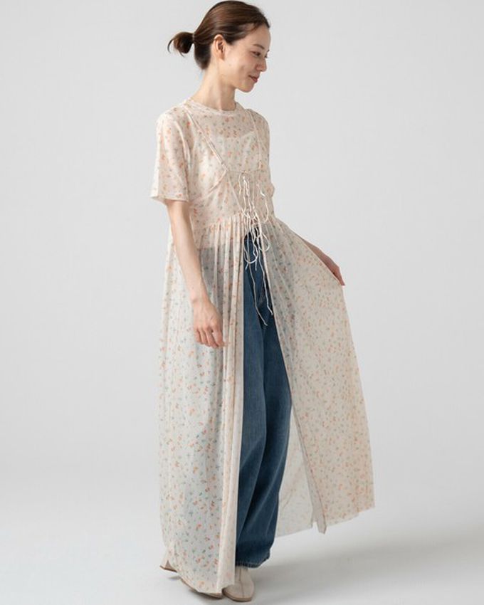 日本 gleam - 前後2way浪漫小花細肩帶薄紗洋裝-象牙米