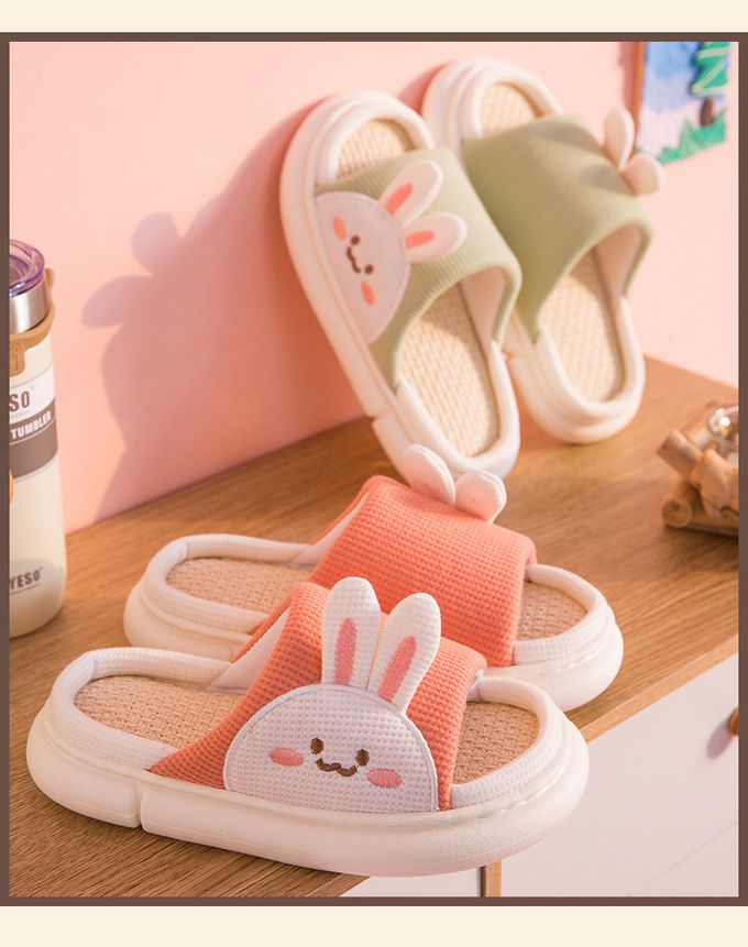 厚底海綿感亞麻室內拖鞋-熊熊-藍色