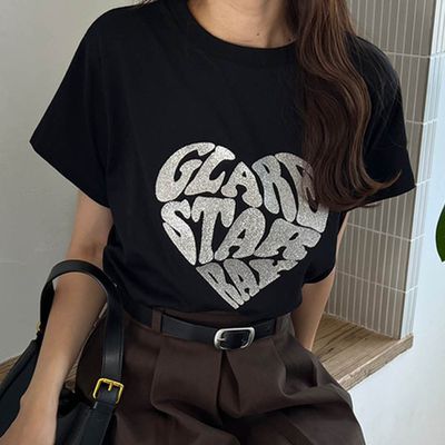 日本 GRL - 閃耀亮片愛心印花短袖T恤-黑 (F)