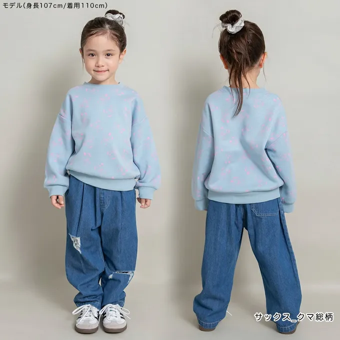 日本 BRANSHES - 裏起毛 可愛女孩縮口長袖上衣-花朵-淺灰