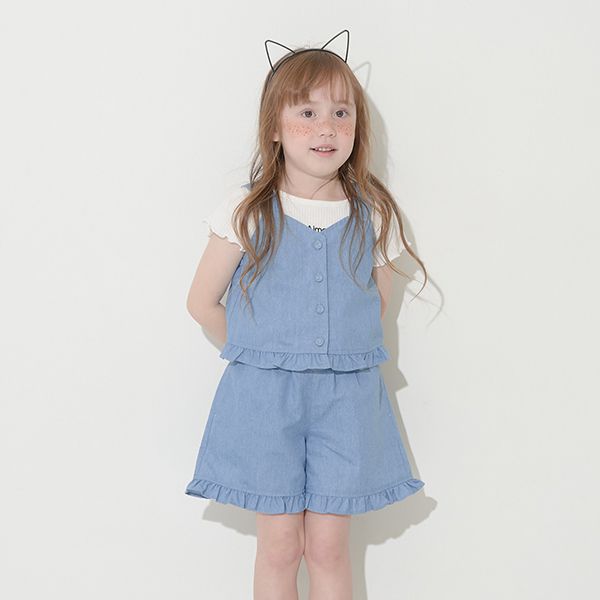 日本 Lycee mine - 甜美又帥氣荷葉短褲套裝-水藍