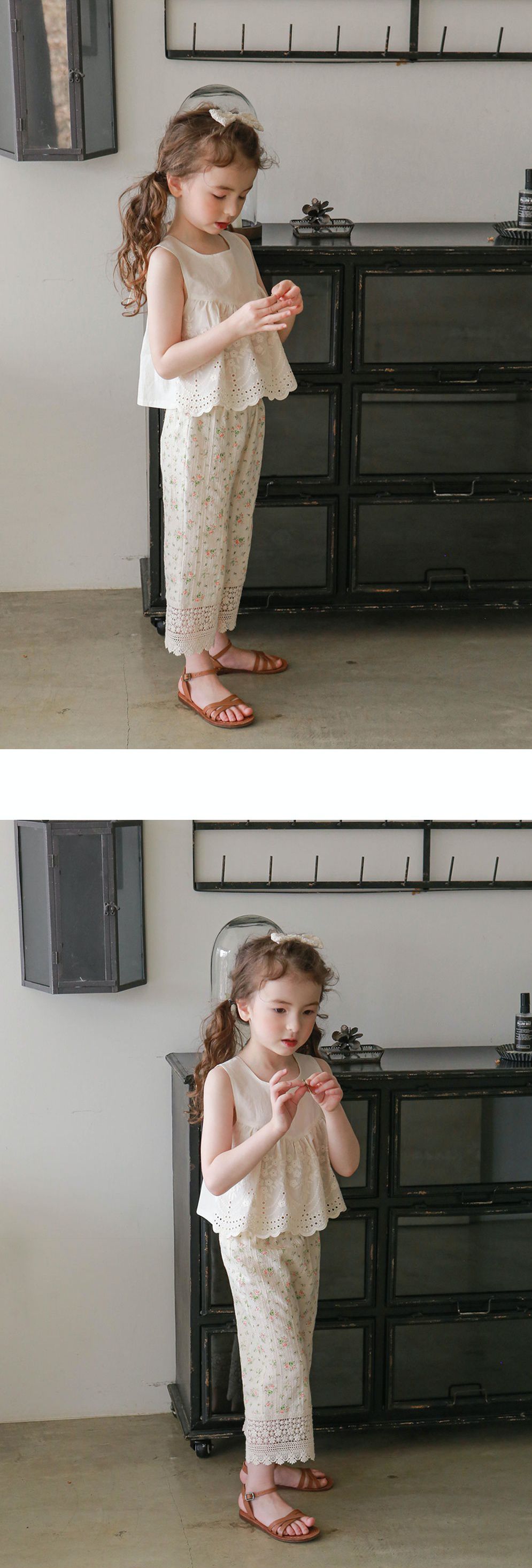 韓國 PuellaFLO - 春日碎花蕾絲下襬薄長褲