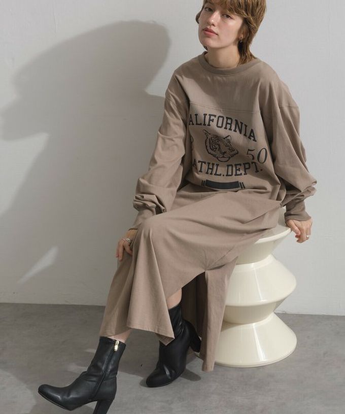 日本 Lupilien - 帥氣老虎印花側開叉長袖洋裝-象牙