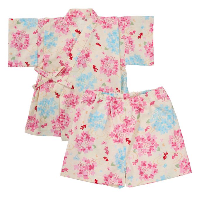 akachan honpo - 兩件式甚平-繡球花、金魚-淺卡其色