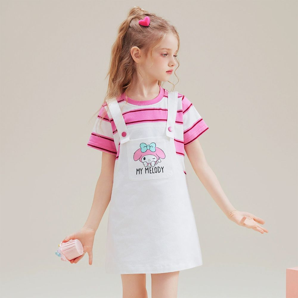 假兩件吊帶條紋短袖洋裝-卡通人物美樂蒂-米白x粉