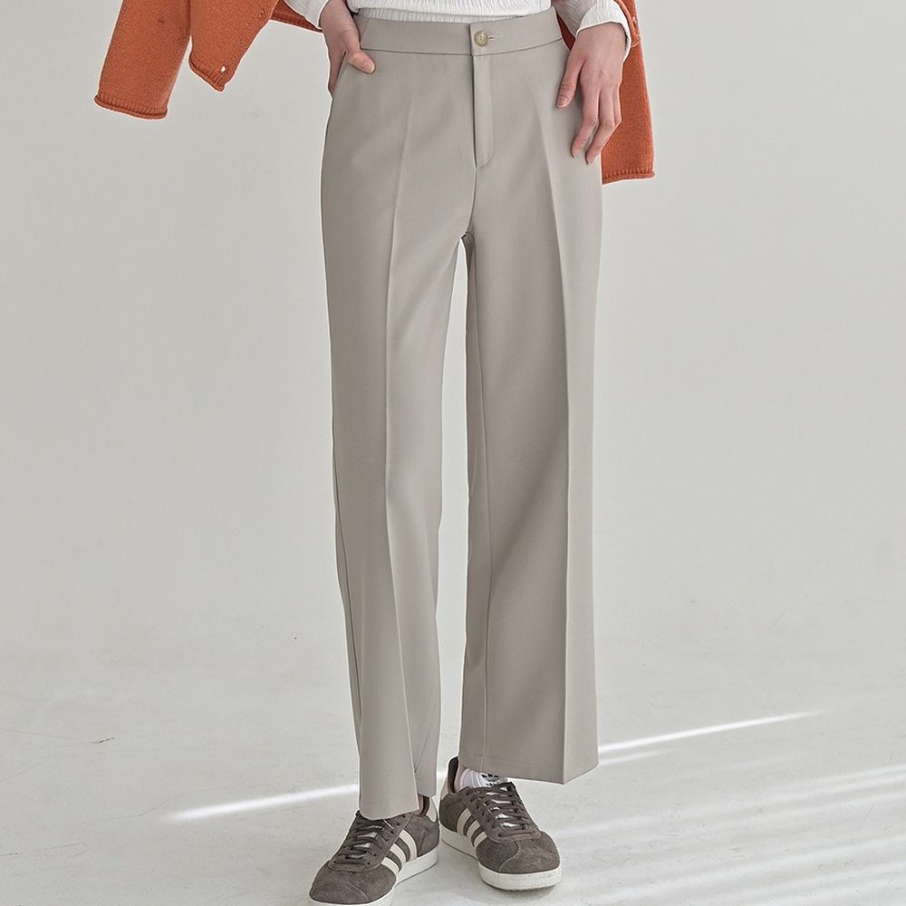 Domingoblue 後鬆緊腰職感直筒西裝褲-灰卡其