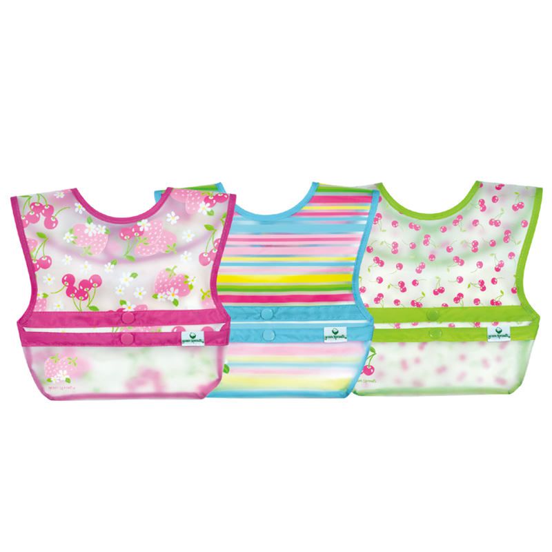 美國 green sprouts - 小綠芽魔鬼氈雙面防水/防食物掉落圍兜三入組-粉紅藍莓