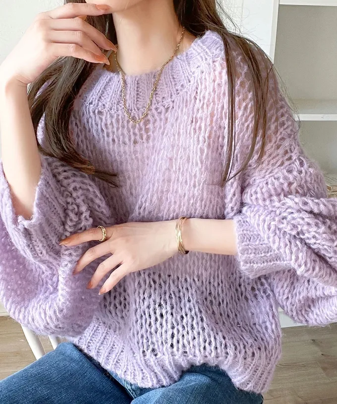 日本 Classical Elf - 甜美船領針織洞洞大寬袖毛衣-炭灰