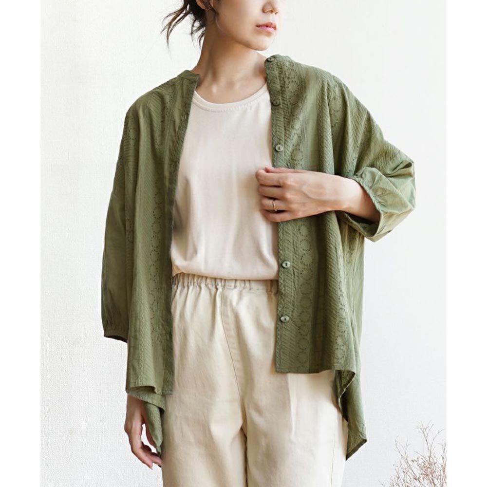 日本 zootie - 100%棉 優雅雕花圓領長袖襯衫-春芽綠