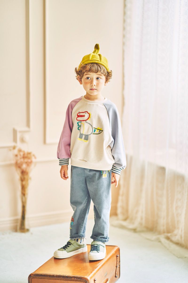 韓國 Mimico - 童趣拼色胖胖恐龍T-粉紅X灰