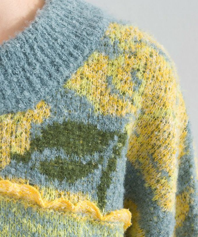 日本 Lupilien - 毛茸感華麗大花朵針織上衣-海軍藍