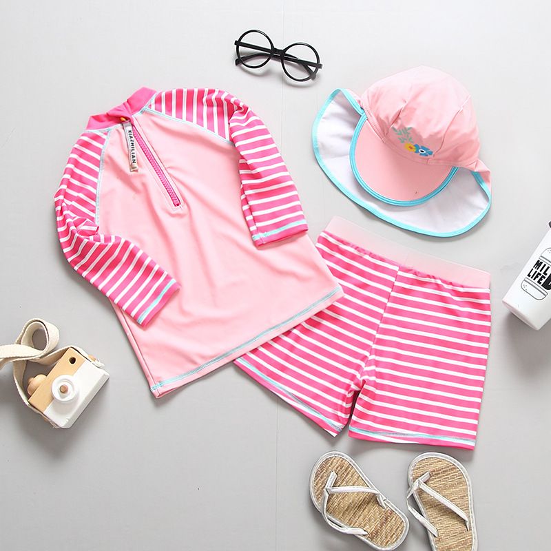 女寶長袖泳裝套裝(附帽子)-條紋+獨角獸-粉色