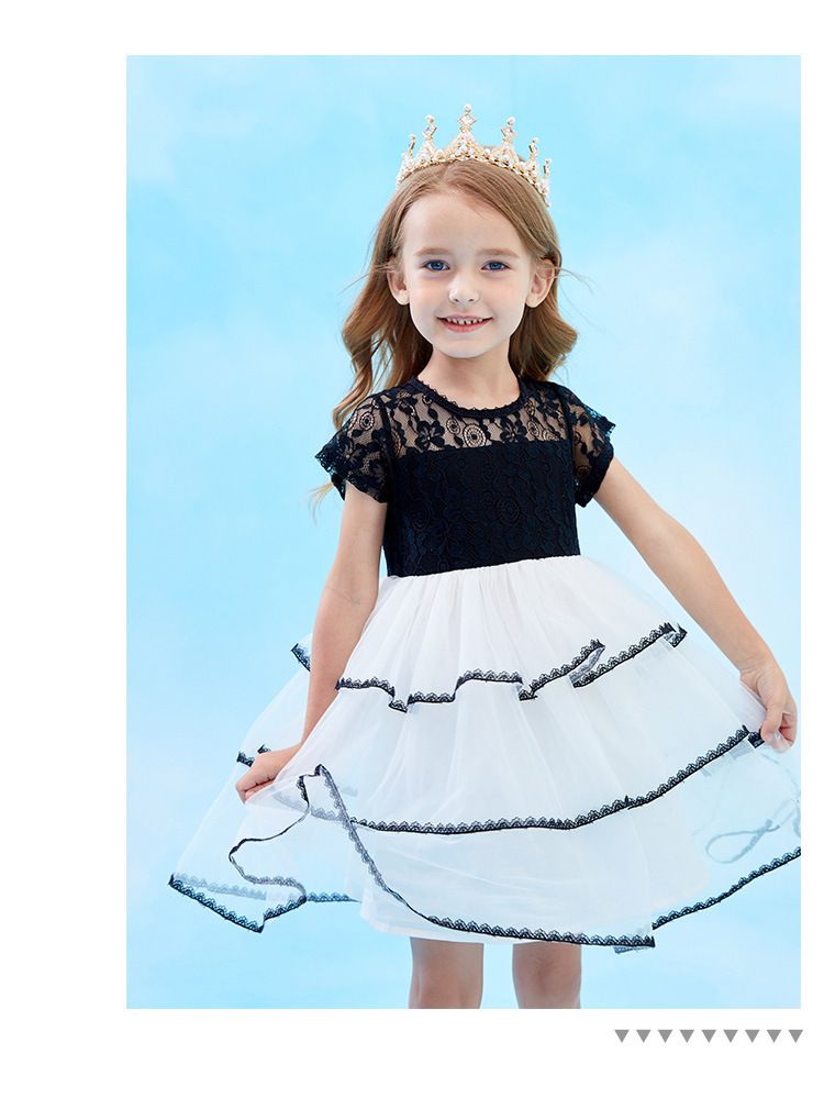 甜美網紗蛋糕裙蕾絲短袖洋裝-蕾絲上衣-黑+白