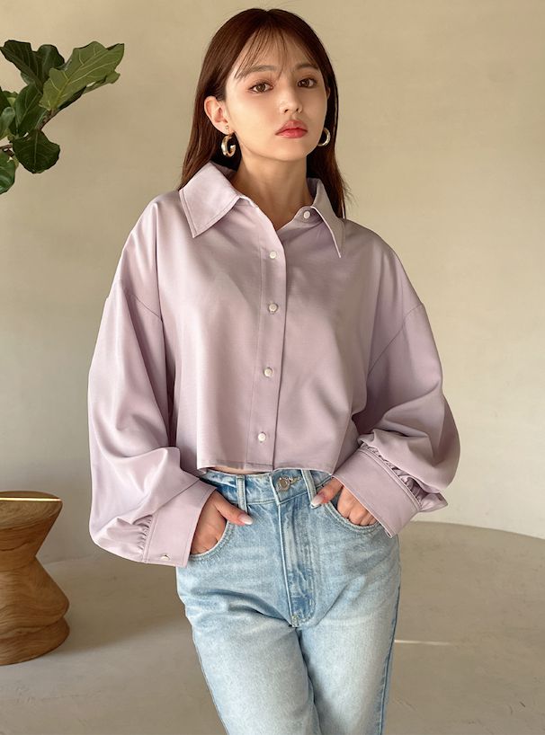 日本 GRL - 後抽繩翻領泡泡長袖襯衫-薰衣草 (F)