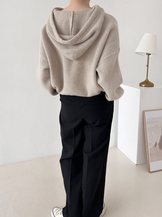 韓國女裝連線 - 連帽抽繩長袖針織上衣-米白 (FREE)