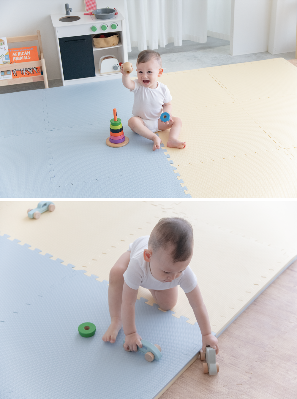 Pato.Pato - EVA巧拼地墊-馬卡龍雙色雙面-鵝黃&灰藍 (60x60x2cm)-12片 (附贈邊條x24)