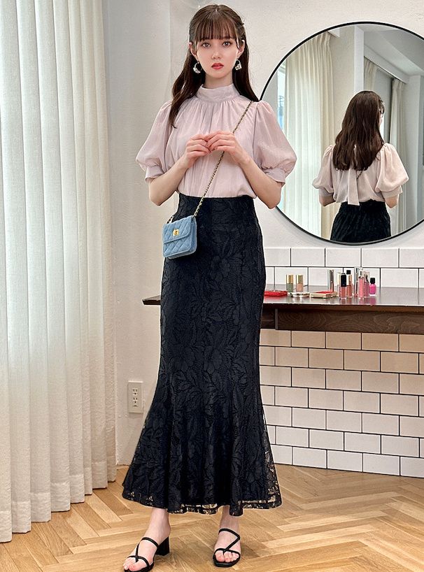 日本 GRL - 後綁帶柔美光澤雪紡泡泡袖上衣-香檳粉 (F)