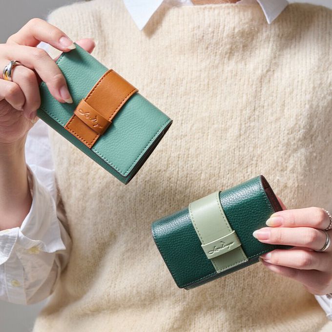 日本 LIZDAYS - 真皮迷你三折配色風琴短夾-黑x桃紅