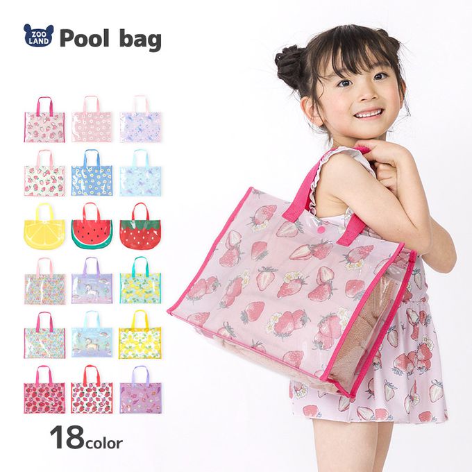 日本 ZOOLAND - 防水PVC手提袋/游泳包-草莓小花-粉白 (25x34cm)