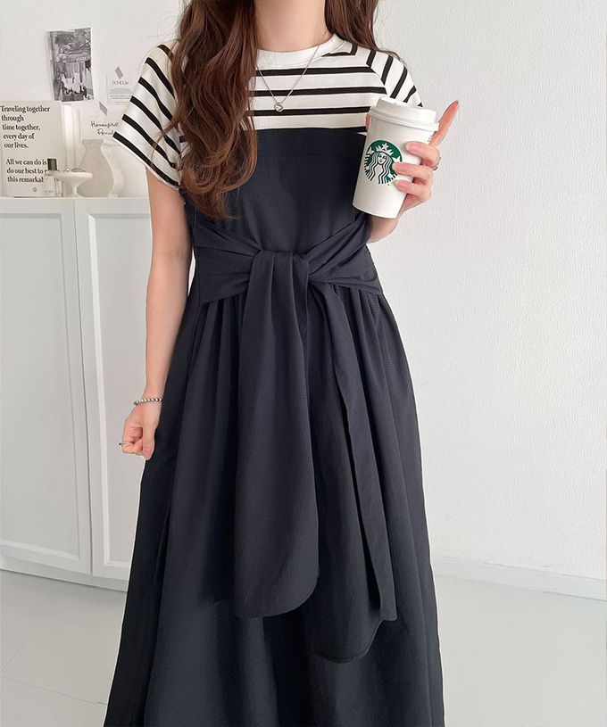 日本 Classical Elf - 綁帶2way清爽拼接感短袖洋裝-深灰x黑