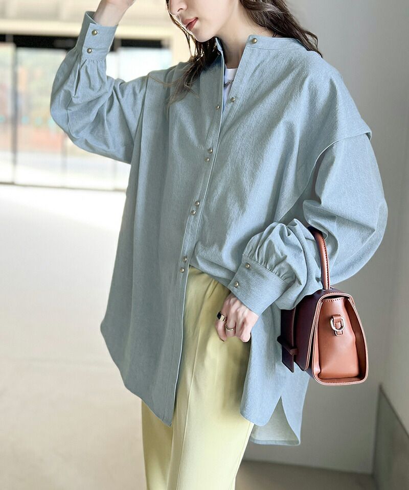 日本 Classical Elf - 100%棉厚磅丹寧長袖襯衫-淺藍