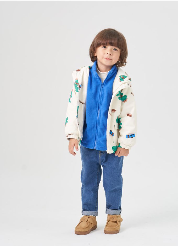 韓國 OZKIZ - (兩件式)防潑水搖粒絨連帽外套-郊遊恐龍-米白X藍