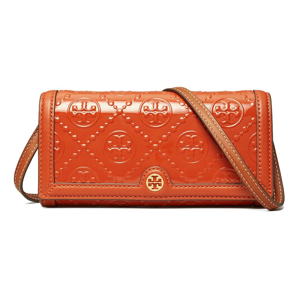 TORY BURCH - 滿版LOGO翻蓋皮革斜背包 (愛瑪仕橘)