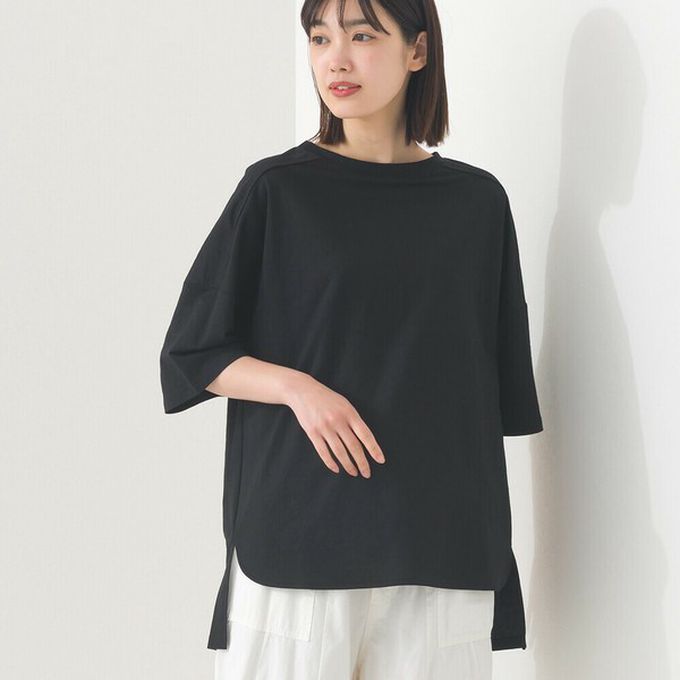 日本 OMNES - 接觸冷感 嫘縈寬版圓領五分袖上衣-海軍藍