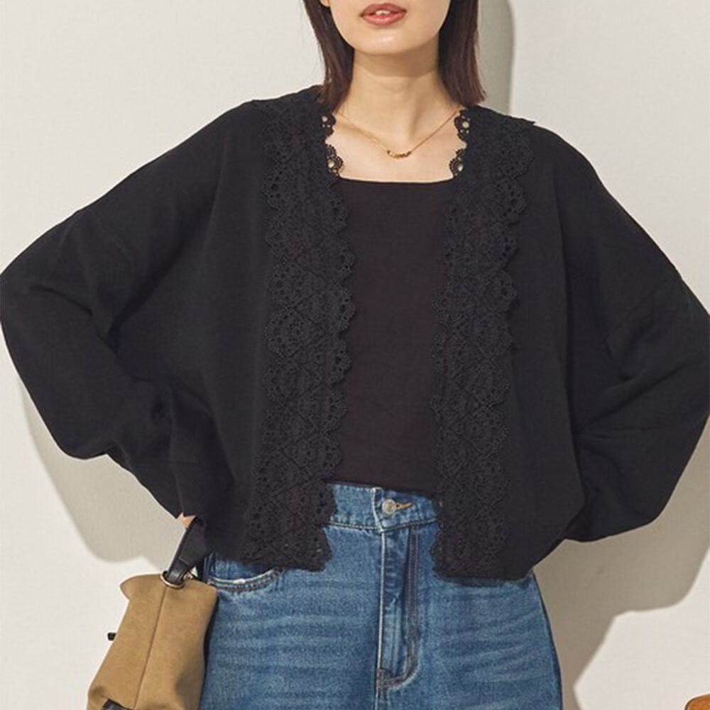 清新女伶混棉蕾絲拼接開襟衫-黑
