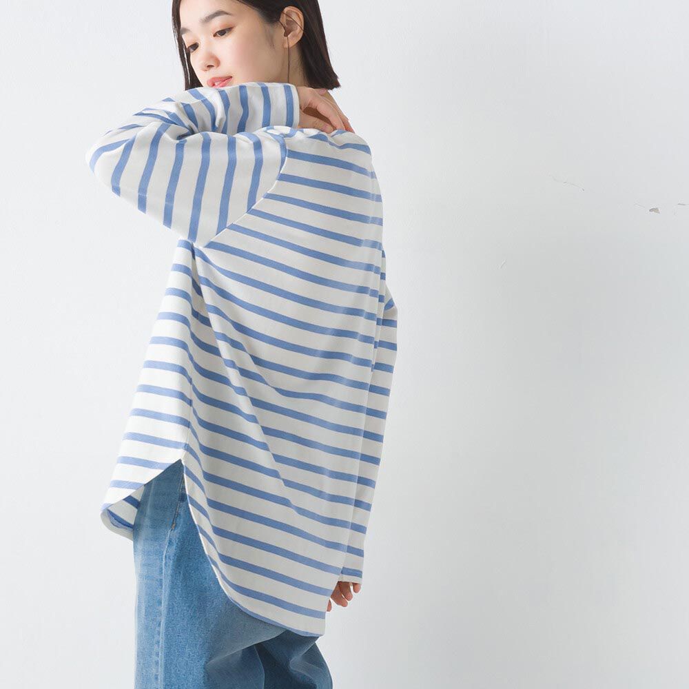 日本 OMNES - [下擺圓弧]純棉厚磅條紋長袖上衣-水藍x白