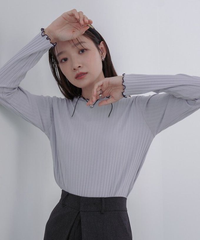 日本 Bab - 木耳滾邊典雅羅紋長袖上衣-船領-橘紅 (M)