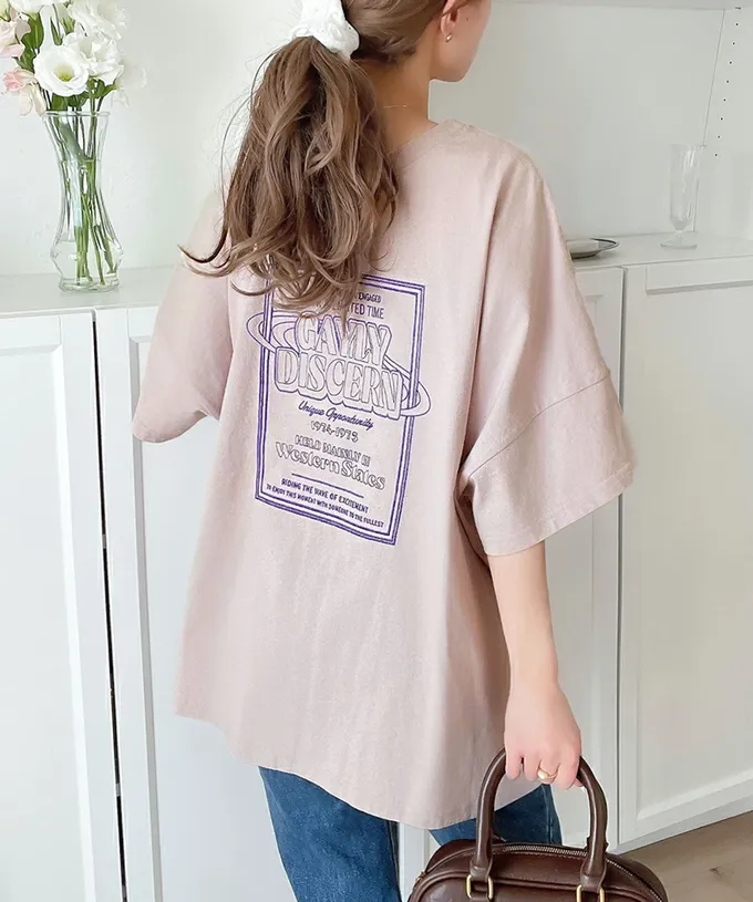 日本 Classical Elf - Java 混有機棉氣質刺繡印花短袖T恤-淺粉