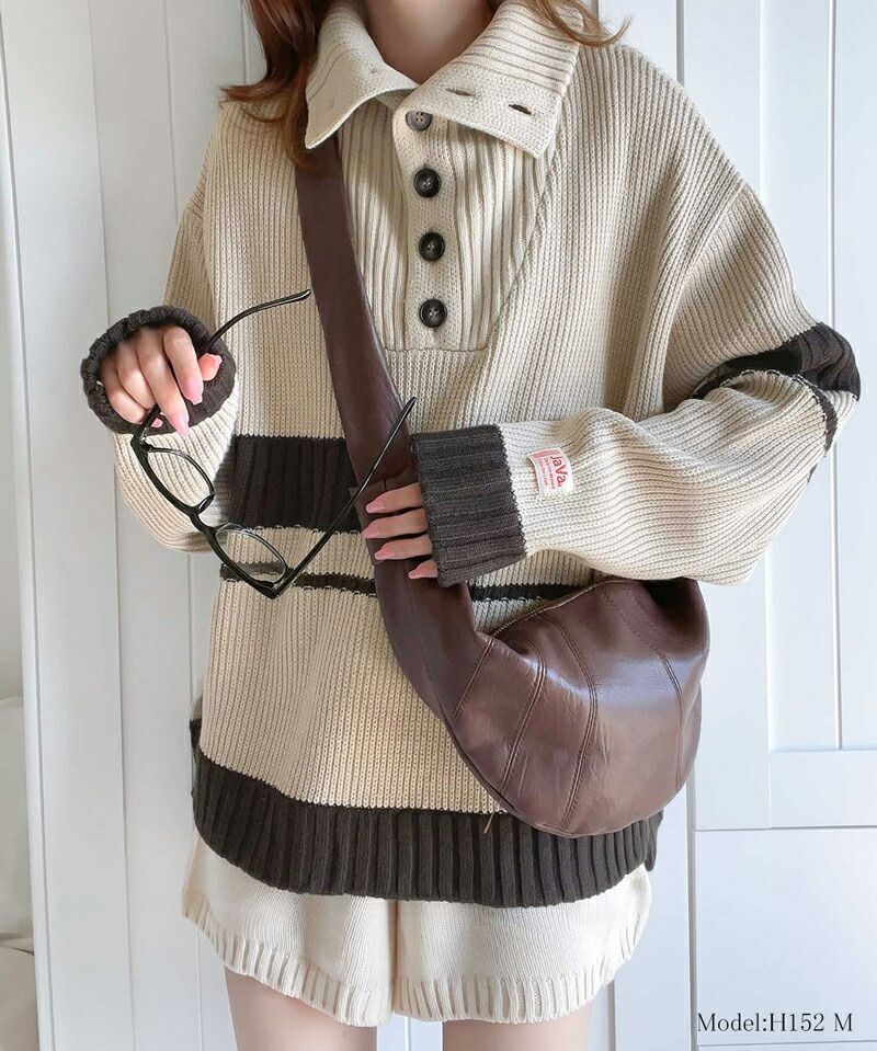 日本 Classical Elf - 排釦翻領撞色羅紋針織上衣-淺米x咖啡